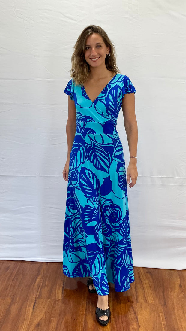 Vestido Anette Hojas Calipso y Azul