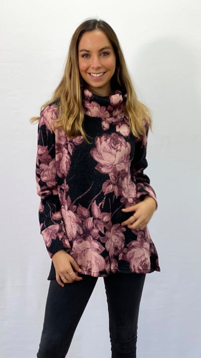 Sweater Ofelia Negro Flores Rosadas