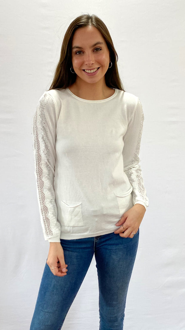 Sweater Italiano Blanco Manga Macramé