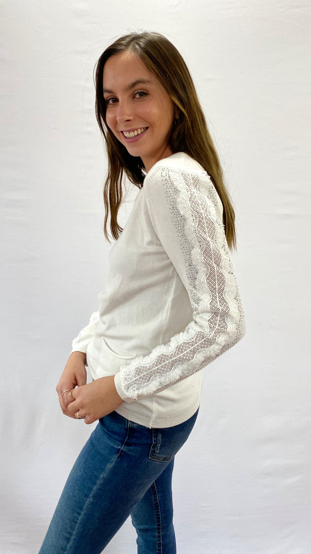 Sweater Italiano Blanco Manga Macramé